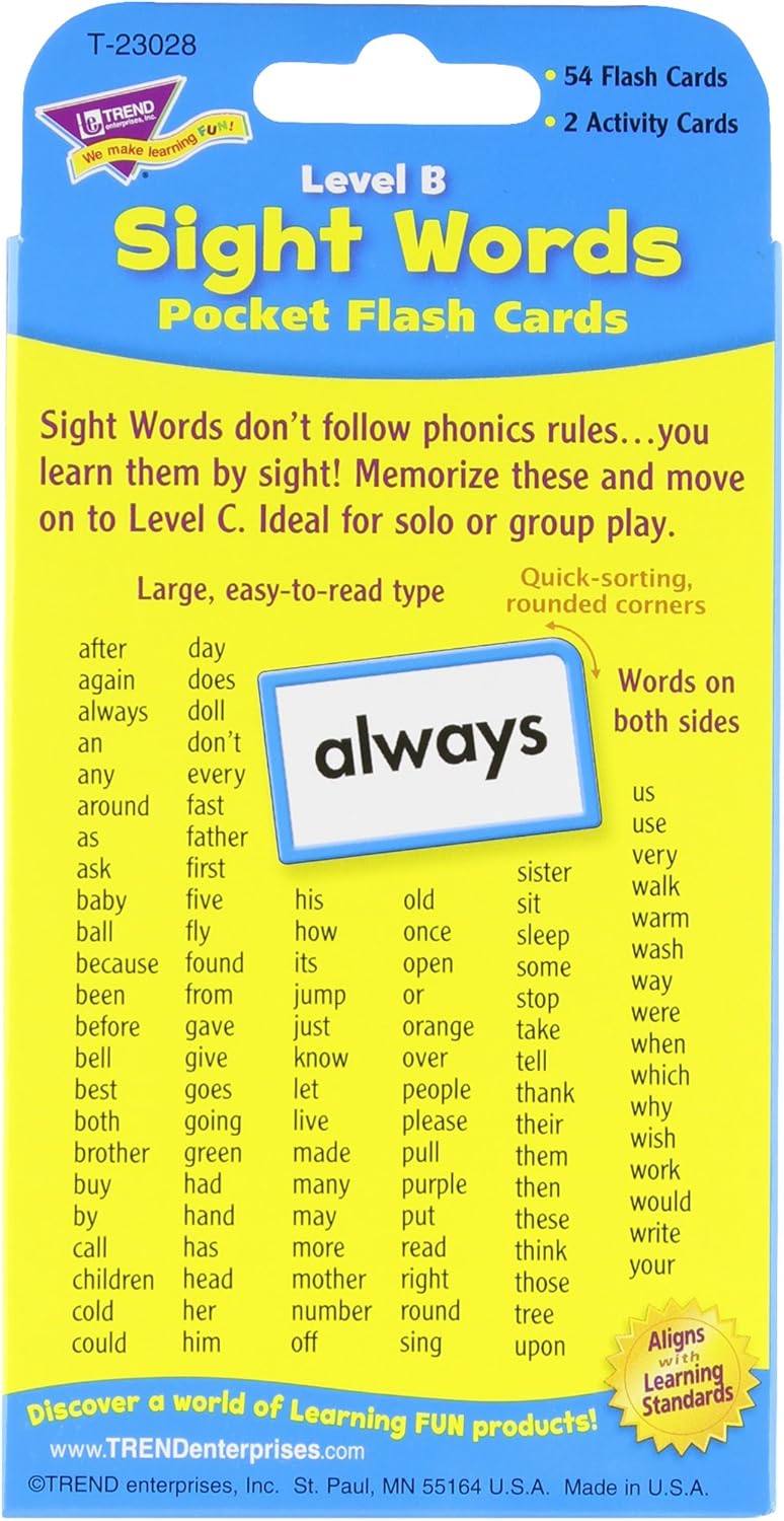 Trend Enterprises: Sight Words Level B Pocket Flash Cards, Great for Skill Building and Test Prep, 56 Two-Sided Cards Included, 108 Commonly-Used Words, for Ages 5 and Up