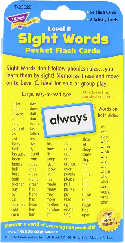 Trend Enterprises: Sight Words Level B Pocket Flash Cards, Great for Skill Building and Test Prep, 56 Two-Sided Cards Included, 108 Commonly-Used Words, for Ages 5 and Up