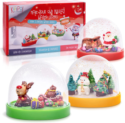 Kipipol Make Your Own Holiday Water Globe Kit – 3X DIY Snow Globe Making Kit w/ 3 Figures, 10 Packs of Modeling Clay for Sculpting, Crafts for Girls Ages 4-6, Arts and Crafts for Kids Ages 4-6-8-12
