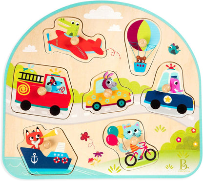 B. toys – 4 Wooden Peg Puzzles – Dinosaurs, Sea Animals, Vehicles, Farm – Puzzles for Toddlers, Kids – 18+ Months