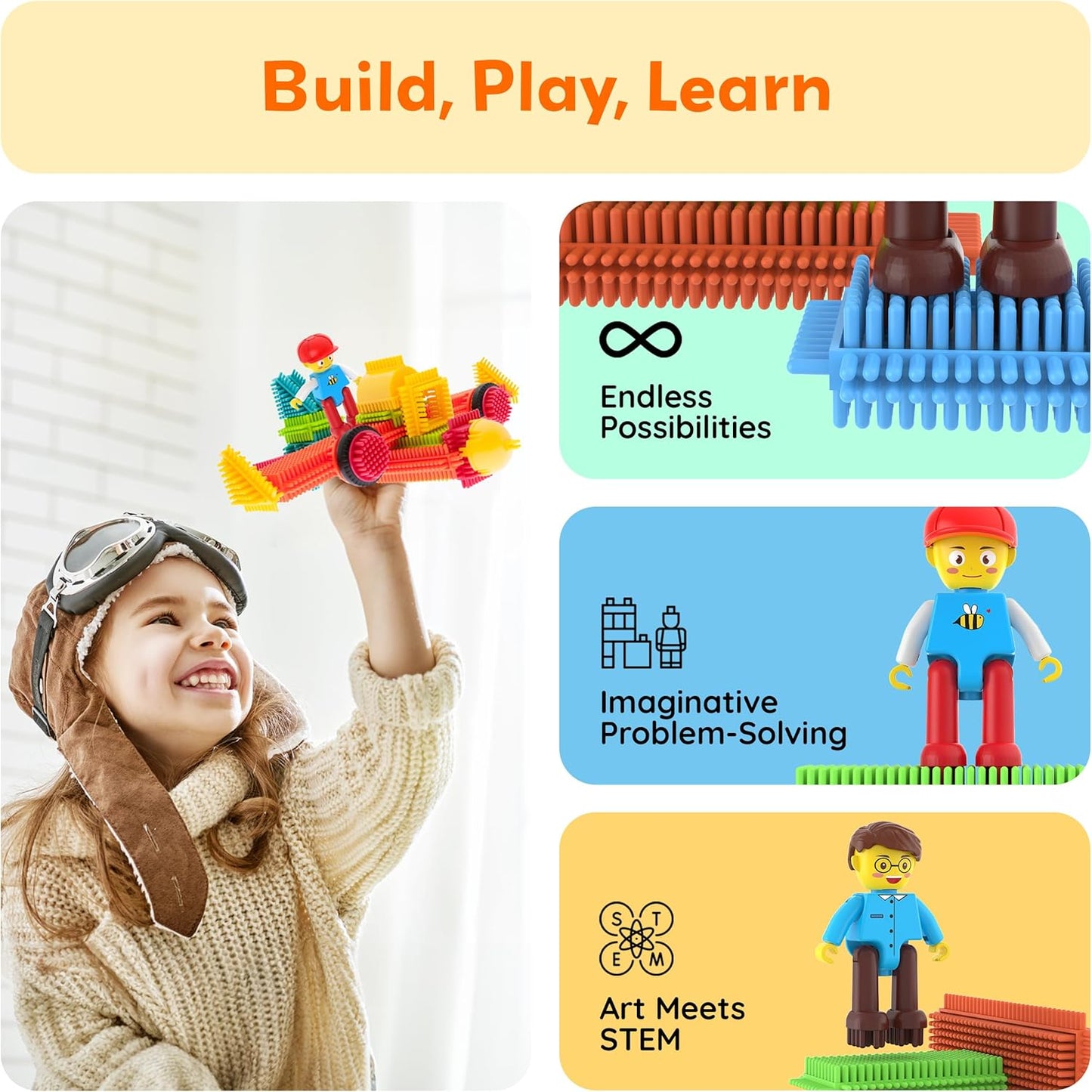 PicassoTiles 120pcs Hedgehog Interlocking Building Blocks Tiles Construction Toy Set Learning Playset STEAM Development Preschool Kindergarten Toy for Kids Age3+ PTB120