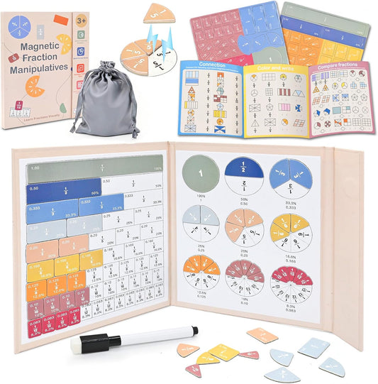 Magnetic Fraction Playbook - 102 Pcs Fraction Manipulatives with Low-Stimulation Colors & Built-in Systemic Exercises, Visual Math Learning Toy K-3, Includes Dry Erase Quiz Card, Marker & Bag