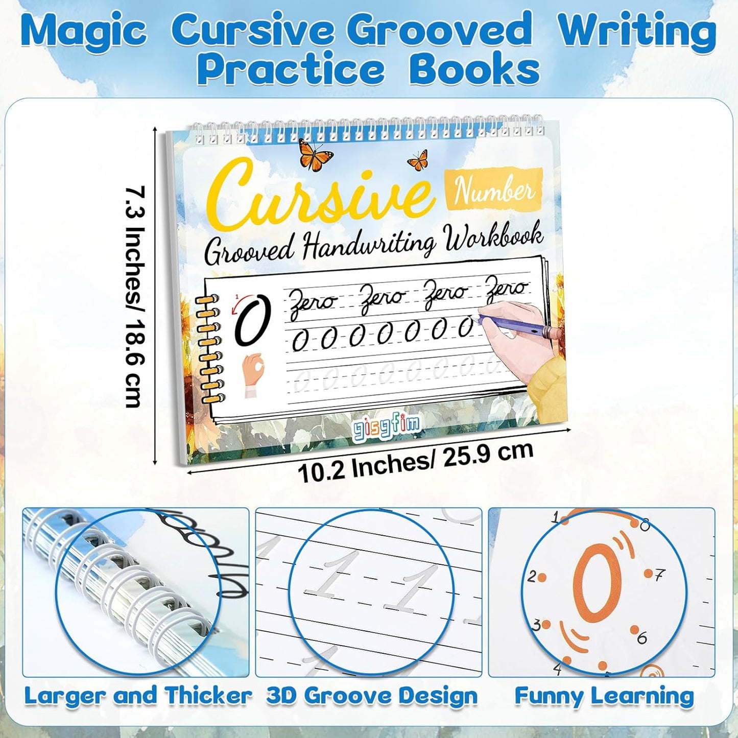 gisgfim Grooved Cursive Handwriting Workbook Magic Reusable Grooved Cursive Handwriting Practice Guided Tracing with Disappearing Ink Pens for Beginners Kids Learning Activities Supplies (Sentence)