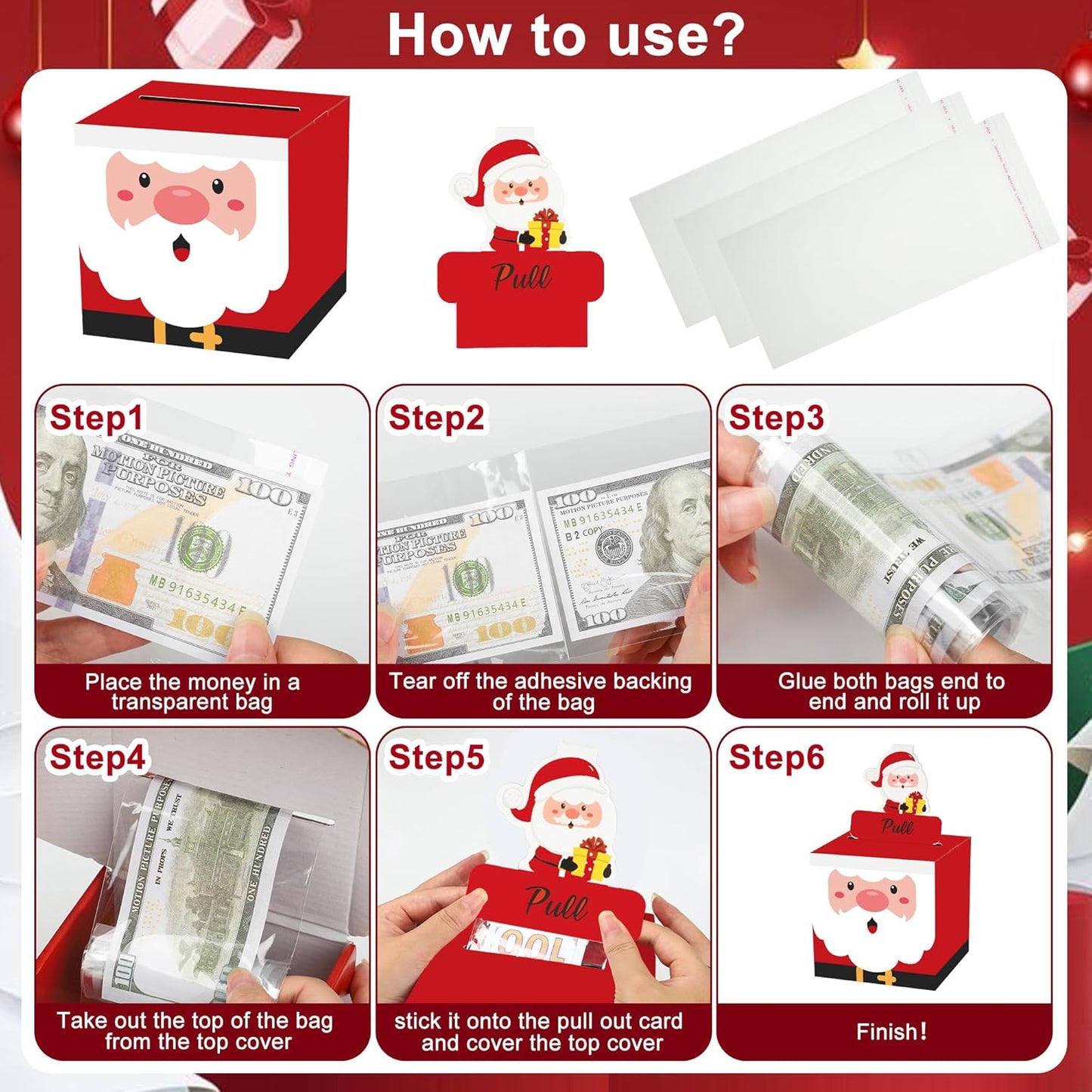 4 Pack Christmas Money Box for Cash Gift Pull Christmas Surprise Money Holder Boxes with Pull Out Cards Santa Claus DIY Cash Gift Box with 120 Transparent Bags for Adult Kids Holiday DIY Set
