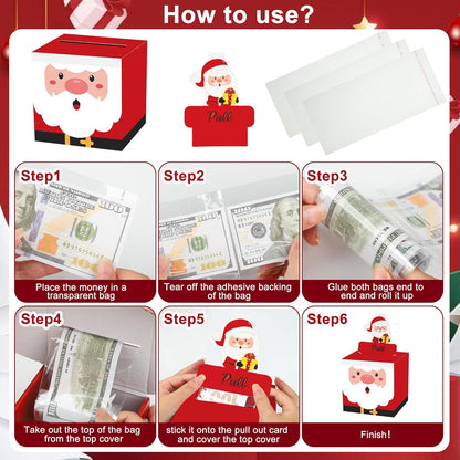 4 Pack Christmas Money Box for Cash Gift Pull Christmas Surprise Money Holder Boxes with Pull Out Cards Santa Claus DIY Cash Gift Box with 120 Transparent Bags for Adult Kids Holiday DIY Set