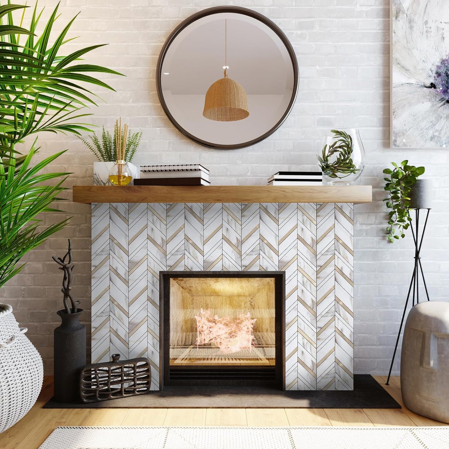 Yipscazo 10 Sheets Herringbone Backsplash Peel and Stick Tile, Marble Calacata Mixed Metal Gold PVC Stick on Backsplash for Kitchen, Waterproof Self Adhesive Wall Tile for Bathroom