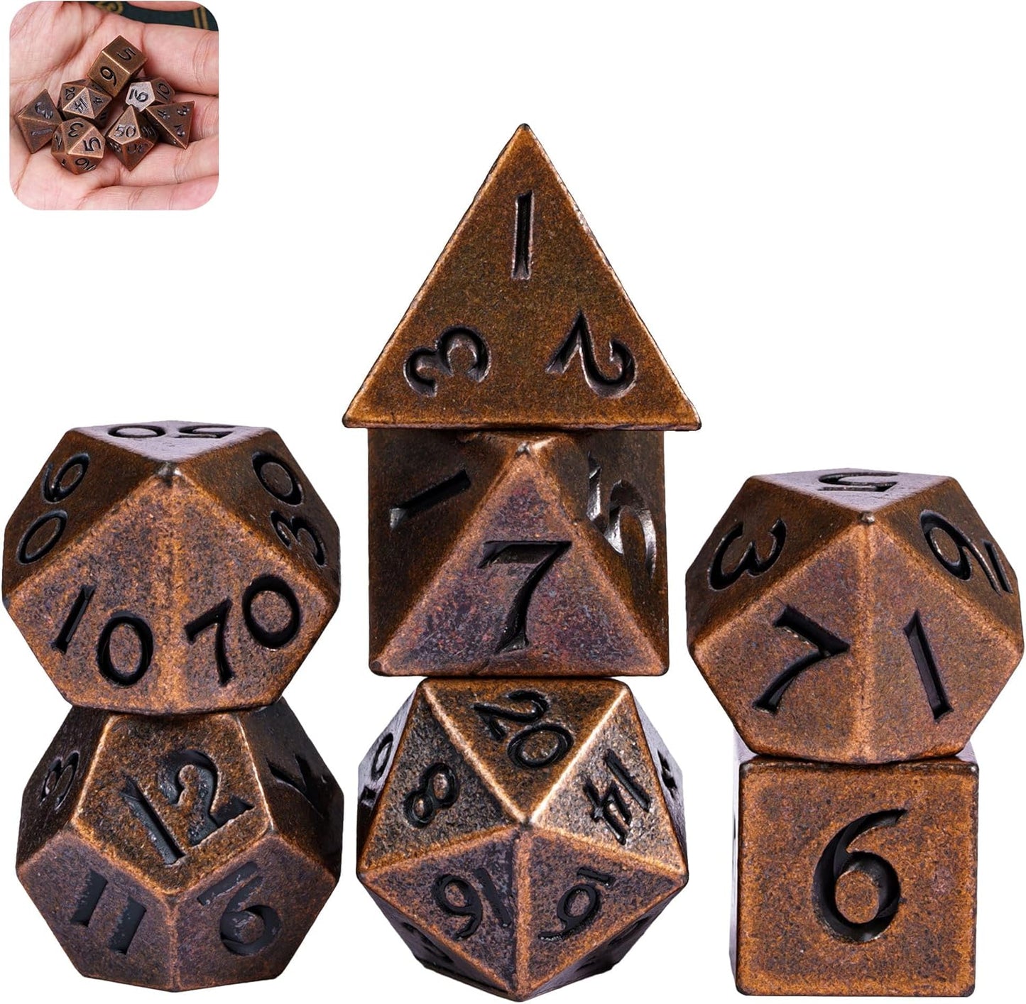 UDIXI Steampunk Metal Dice Set, 7 Die Polyhedral DND Dice Set for D&D Role Playing Game and Math Teaching (Ancient Copper)