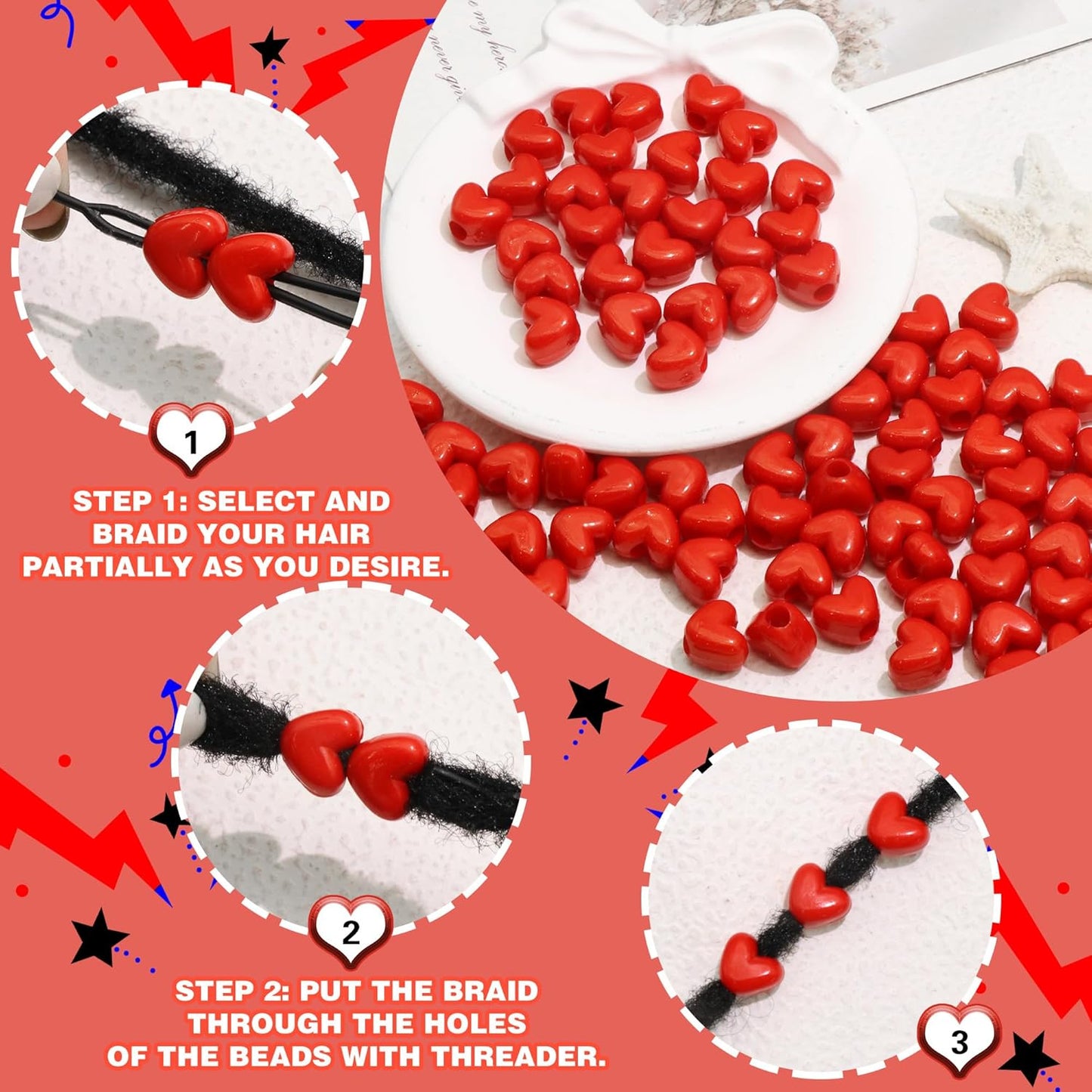 90PCS Light Pink Heart Beads for Braids Hair Jewelry Loc Dreadlock Accessories Cute Heart-Shaped Pony Bead
