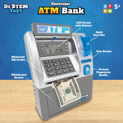Dr. STEM Toys - Kids ATM Savings Bank – Electronic Piggy Bank with Bill Feeder, Coin Counter, and LCD – Educational STEM Toy for Children 5-12