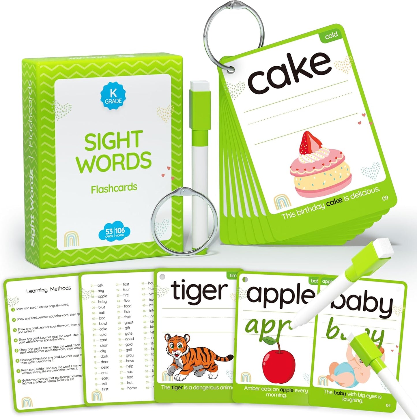 WJPC 55 Cards, 106PCS High Frequency First-Grade Sight Words Flash Cards, 1st Grade Phonics Learning Cards for 5,6,7,8 Years Ages Kids Boys, Girls Learn to Read, Write, Association, Sentence Making