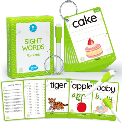 WJPC 55 Cards, 106PCS High Frequency First-Grade Sight Words Flash Cards, 1st Grade Phonics Learning Cards for 5,6,7,8 Years Ages Kids Boys, Girls Learn to Read, Write, Association, Sentence Making