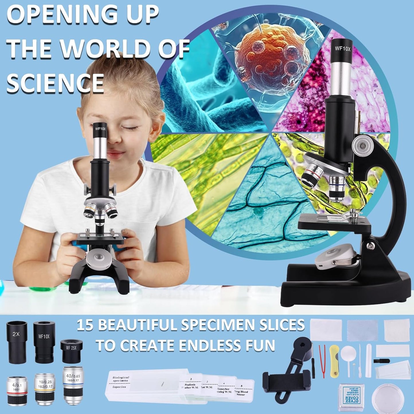 Microscope 40X-2500X Magnification with 4.3-inch Display, Wide-Angle 10X and 25X eyepieces, and Built-in 5-megapixel Camera for School Labs, Animal Husbandry (White)