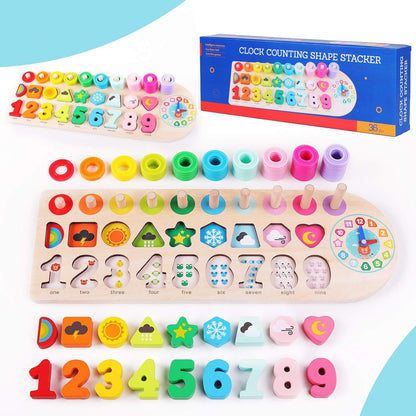QZMTOY Counting Shape Stacker Wooden Count Sort Stacking Tower with Wood Colorful Number Shape Math Blocks for Kids Preschool Educational Toddlers Toy