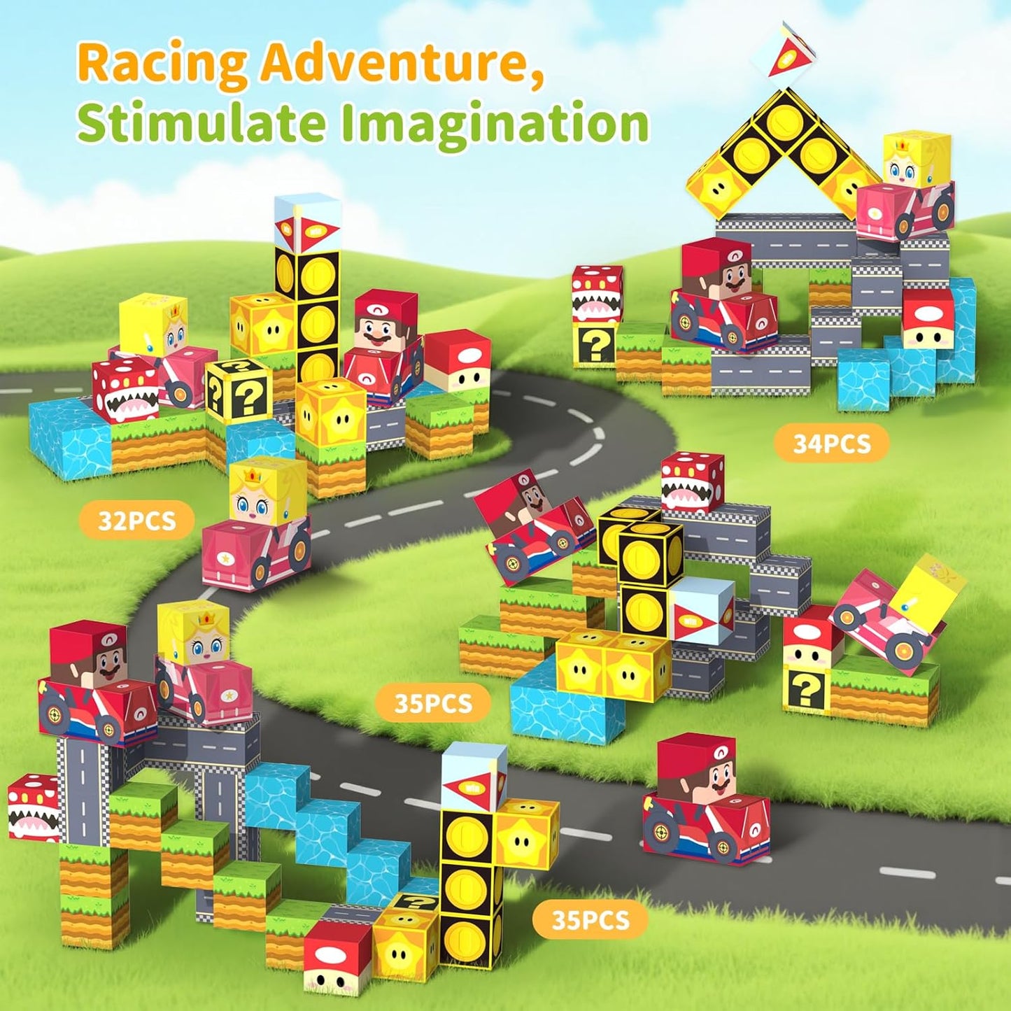 Magnetic Tiles Race Track Set, 52PCS STEM Educational Magnetic Building Blocks with 2 Race Cars, Montessori Sensory Travel Toys for Kids 3 4 5 6 7 8, Birthday for Boys & Girls