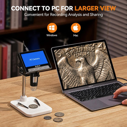 Elikliv Microscope, LCD Digital Coin Microscope 1000x, Coin Magnifier with 8 Adjustable LED Lights, PC View Compatible with Windows/MacBook, EDM4, 4.3-Inch