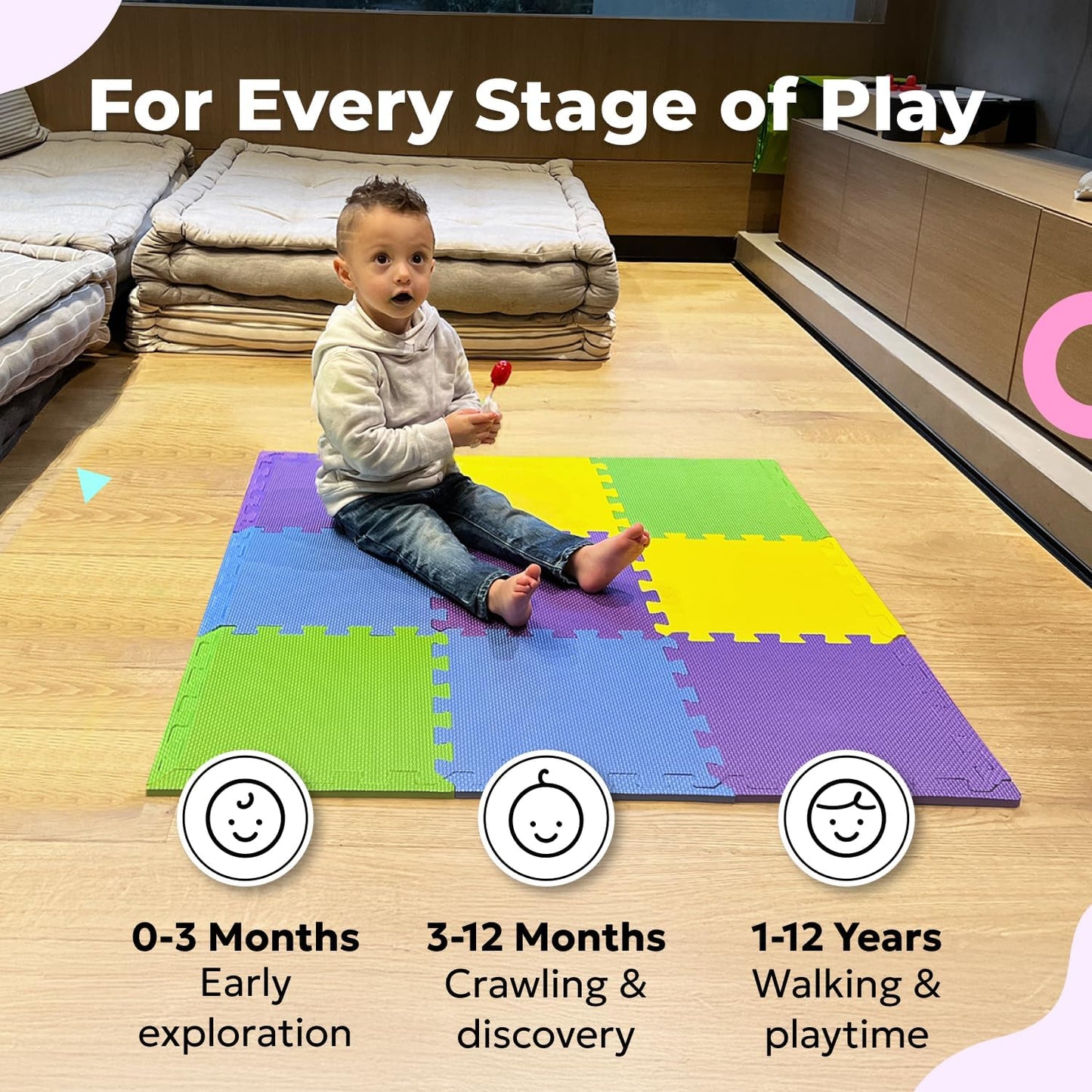 MioTetto Baby Play Mat, Soft Foam Floor Tiles for Kids. Adjustable Interlocking Foam Tiles, Fits with 50x50 Playpen Baby mat for Crawling & Development, Safe & Non-Toxic Playmat for Babies 6-12 Months