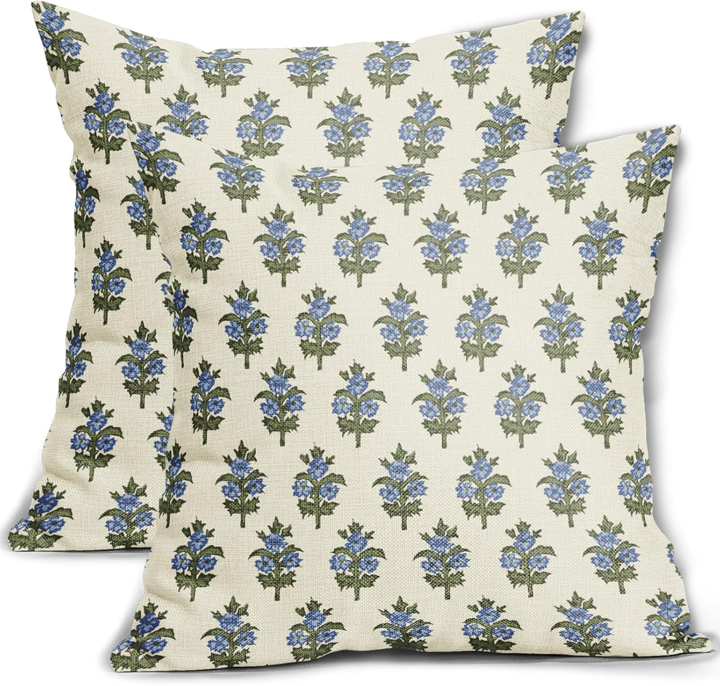 Sage Green Blue Floral Block Print Pillow Covers 18x18 Set of 2 Spring Flower Pattern Decorative Throw Pillowcases Outdoor Rustic Farmhouse Square Cushion Cases Decor for Home Couch Sofa Bed