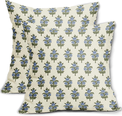 Sage Green Blue Floral Block Print Pillow Covers 18x18 Set of 2 Spring Flower Pattern Decorative Throw Pillowcases Outdoor Rustic Farmhouse Square Cushion Cases Decor for Home Couch Sofa Bed