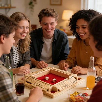 1-4 Players Shut The Box Dice Game, 10 Numbers Traditional Wooden Pub Bar Board Family Table Mat Game Dice for Adults