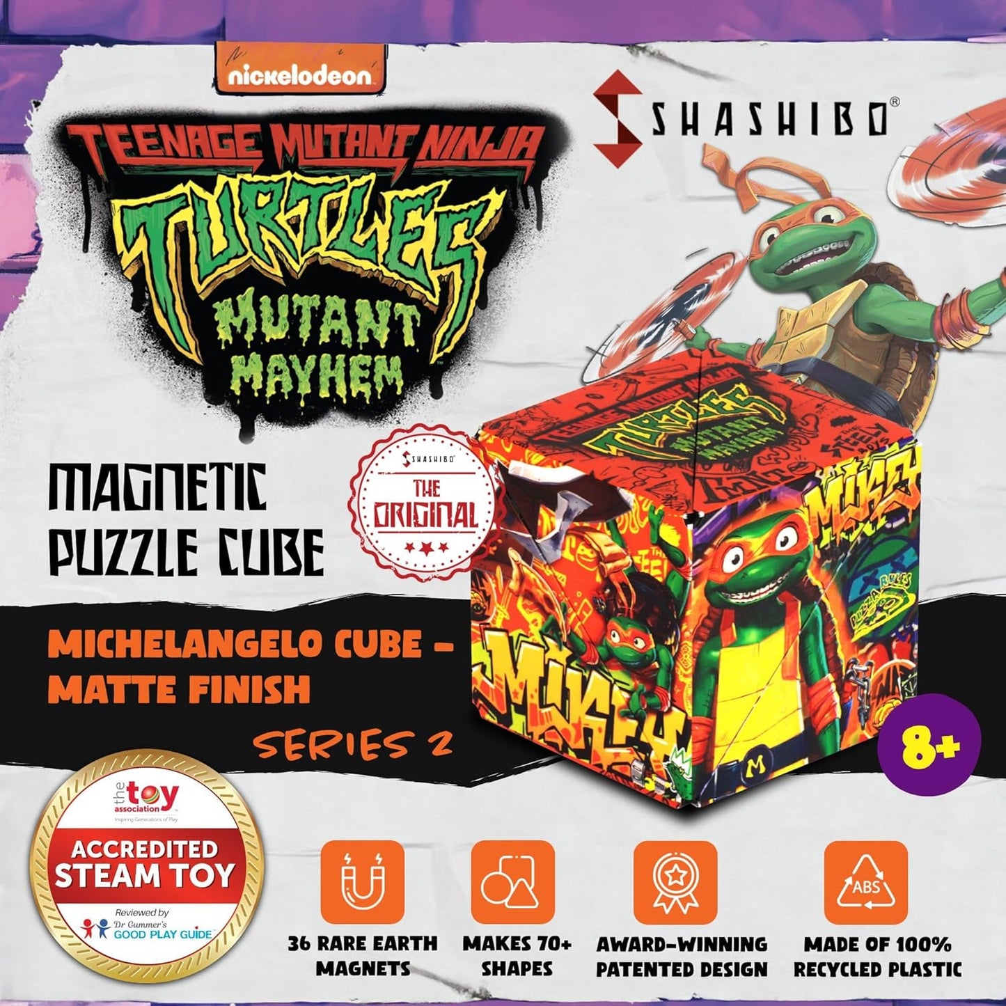 SHASHIBO Teenage Mutant Ninja Turtles Shape Shifting Box - STEM Magnetic Fidget Cube that Transforms Into Over 100 Shapes, Download Fun in Motion Toys Mobile App (Raphael)