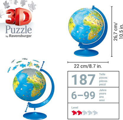 Ravensburger Children's World Globe 180 Piece 3D Jigsaw Puzzle | Easy Click Technology | Displayable Art | Perfect for Kids and Adults | 10.5 in Diameter