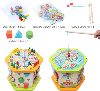 LAVIEVERT 9-in-1 Wooden Play Cube Activity Center Multifunctional Bead Maze Shape Sorter Educational Toys Game for Toddlers & Kids