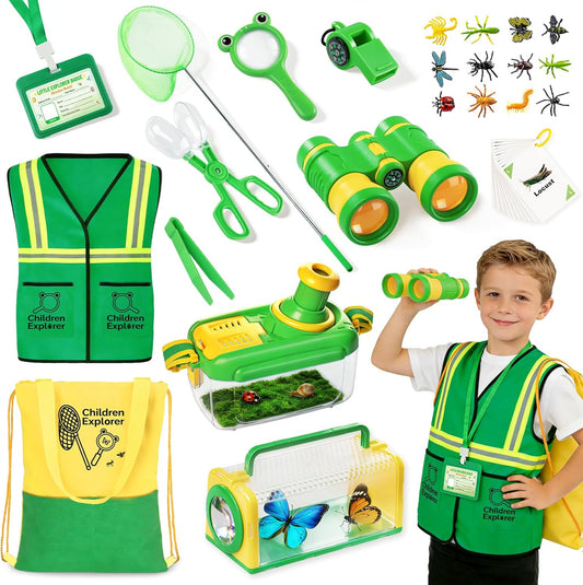 Kids Explorer Kit & Bug Catcher Kit with Vest, Carry Bag, Binoculars,Observation Jar, Butterfly Net, Magnifying Glass, Outdoor Nature Exploration STEM Toys Camping Gift for Boys Girls Ages 3-7