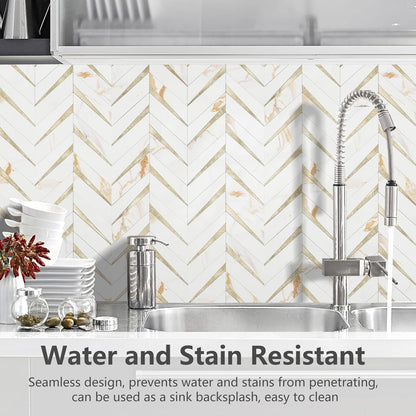 STICKGOO 10-Sheet Herringbone Tile Peel and Stick Backsplash, Beige Mixed Metal Gold PVC Stick on Backsplash, Self Adhesive Wall Tile for Kitchen and Bathroom