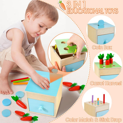 WOODMAM Montessori Toys for Babies 7-12 Months, 9 in 1 Educational Wooden Toys Set, Includes Object Permanent Box, Stacking Cups, Mirror Puzzle, Ring Stacker and More