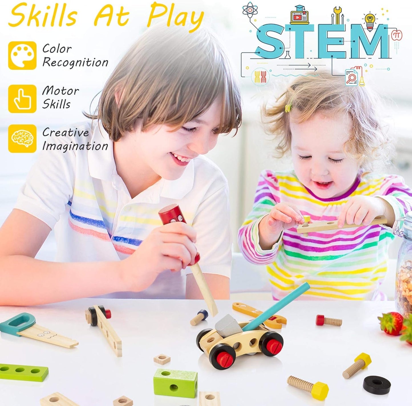 WOOOMAM Kids Tool Set, 90 PCS Wooden Toddler Tool Set with Box and Flash Cards, Tool Kit for Kids Age 3-5 Years, Toddler Boy Toys, FSC Certified Material