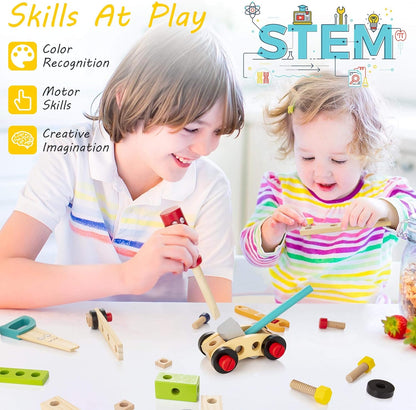 WOOOMAM Kids Tool Set, 90 PCS Wooden Toddler Tool Set with Box and Flash Cards, Tool Kit for Kids Age 3-5 Years, Toddler Boy Toys, FSC Certified Material