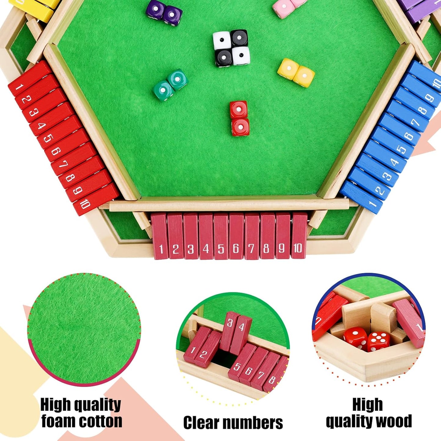 Shut The Box Game for 6 Players - Wooden Board Tabletop Family Math Game with 12+4 Dice