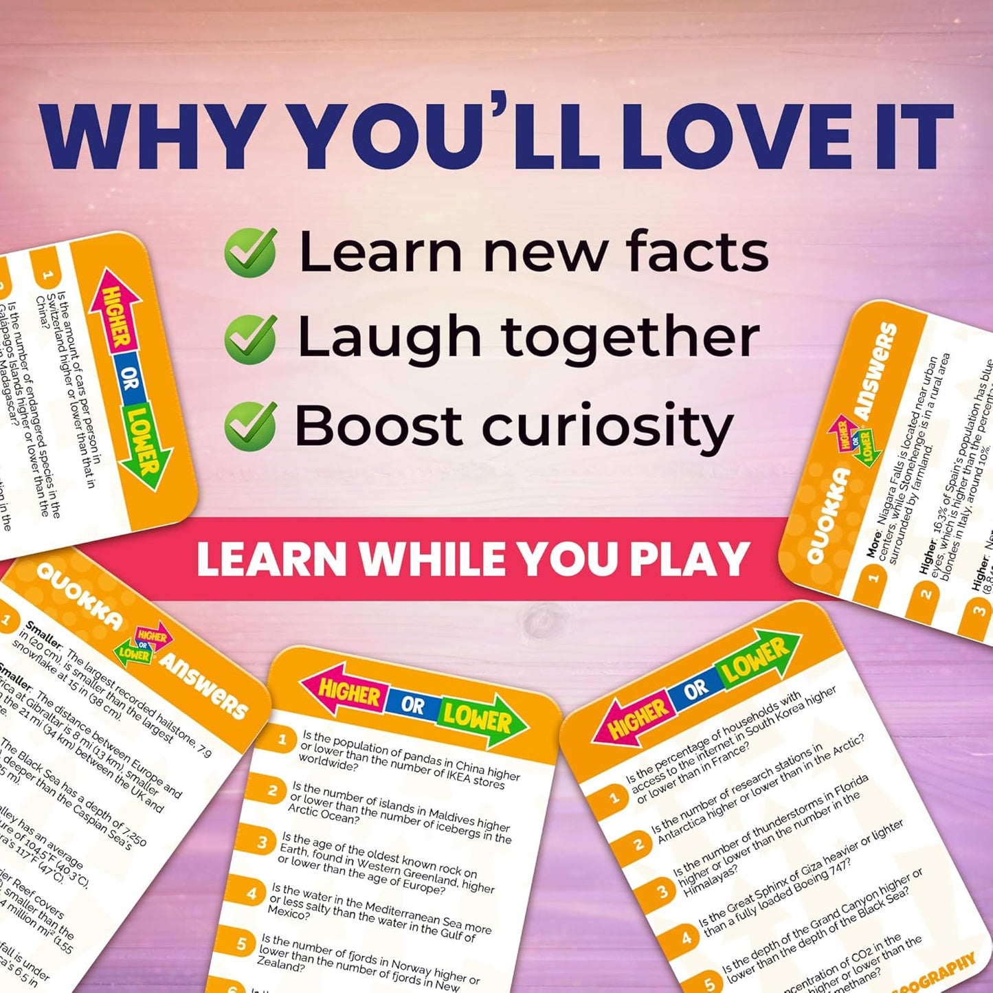 QUOKKA Trivia Board Games for Kids and Adults – Family Board Games for Family Game Night – Higher or Lower Trivia Cards for Kids 8-12 – Guess Fun Questions – Educational Card Game for Families&Teens