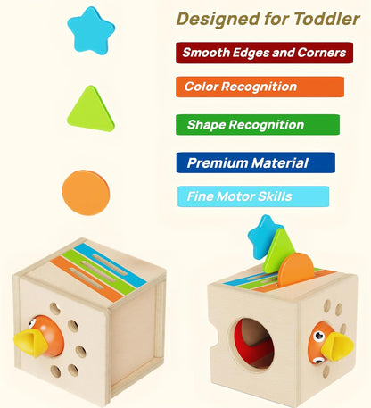 5 in 1 Montessori Activity Toys for 2 3 Year Old Boys and Girls, Wooden Learning Toys with Object Permanence, Bird Feeding Game, Fine Motor Skills, Problem Sloving
