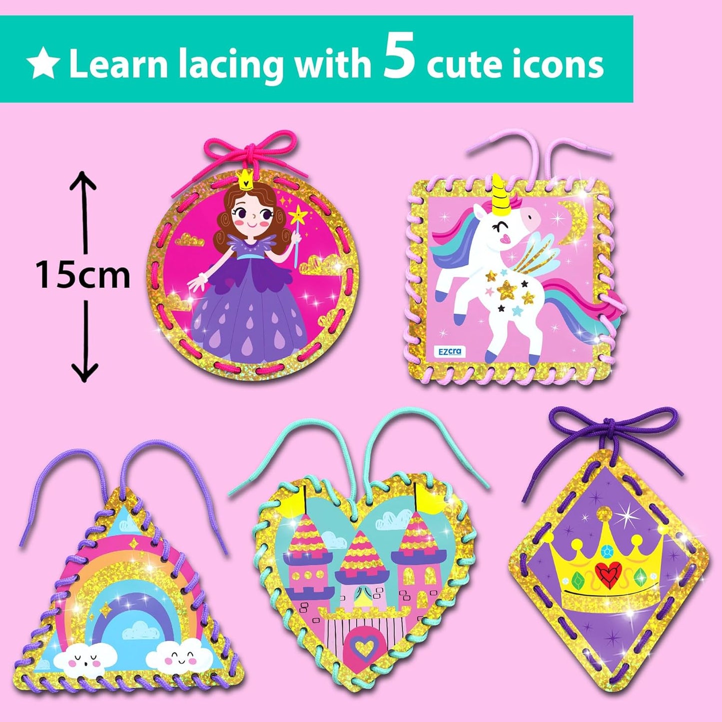EZCRA Premium Lacing Cards for Kids Ages 3-6 | 5 Double-Sided Unicorn Princess Cards | Multilingual Learning Preschool Fine Motor Skills Educational Activity
