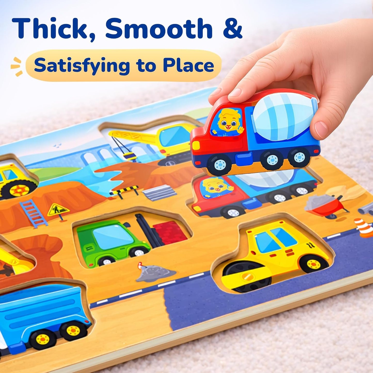 Lucas & Friends Wooden Construction Vehicle Peg Puzzle for Toddlers 2-4, 7-Piece Montessori Matching Board, Extra-Thick Easy-Grip Trucks,Preschool Learning Toy - 12”x 9”