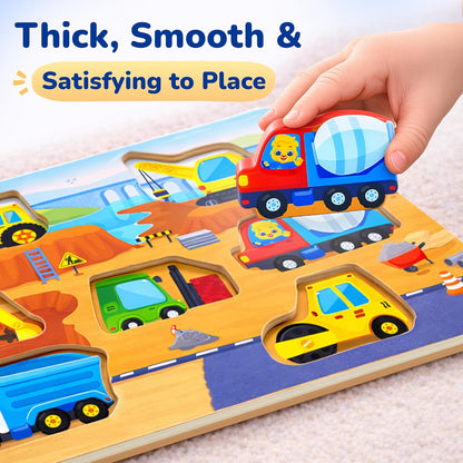 Lucas & Friends Wooden Construction Vehicle Peg Puzzle for Toddlers 2-4, 7-Piece Montessori Matching Board, Extra-Thick Easy-Grip Trucks,Preschool Learning Toy - 12”x 9”