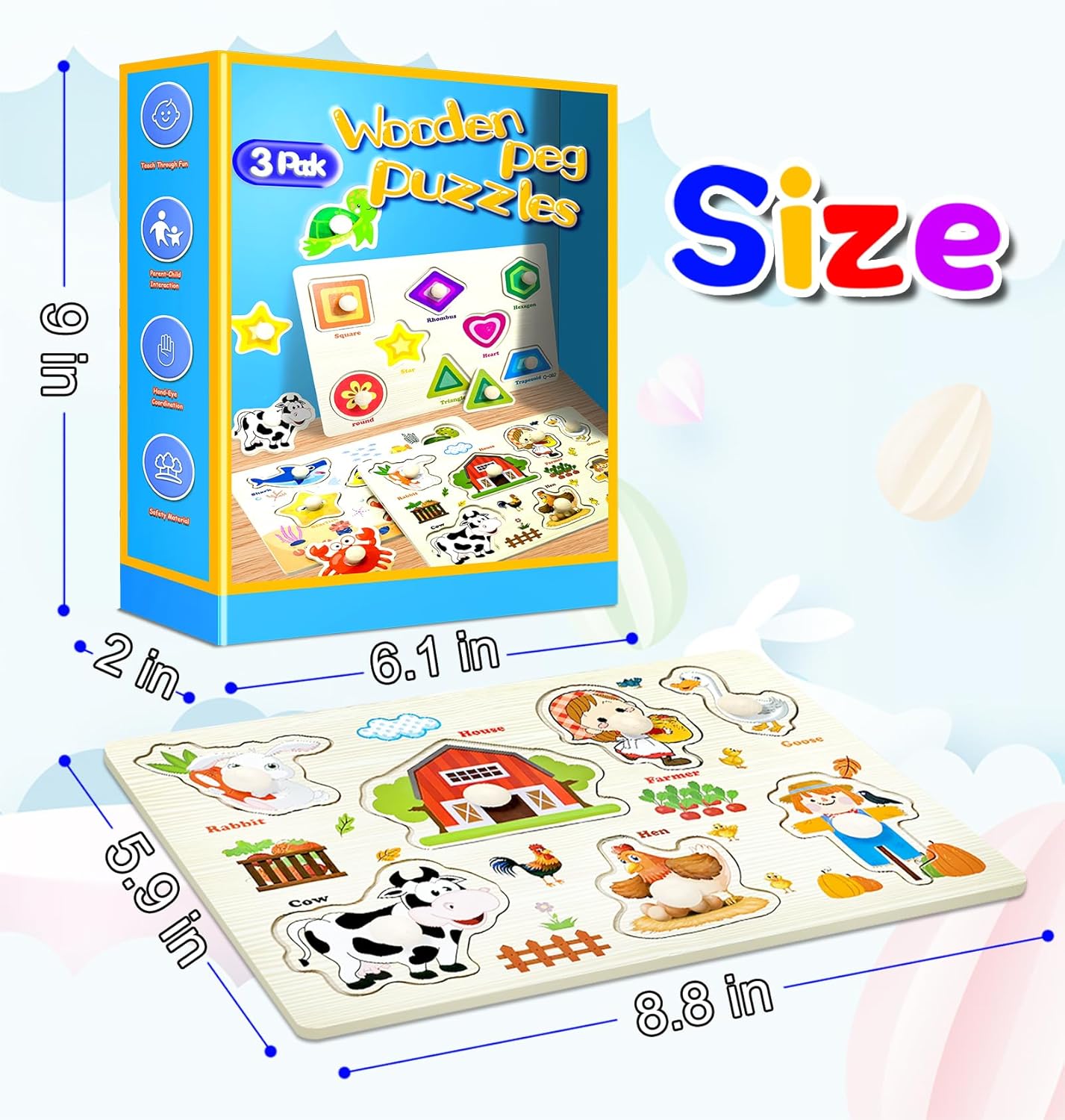 Wooden Peg Puzzles for Toddlers,Montessori Toddler Jigsaw for Child,Fine Motor Skill Learning Puzzle Toys for Baby Boys Girls Gifts-6 Pcs Shape,Farm,Sea Animal,Dinosaurs,Fruits,Animal