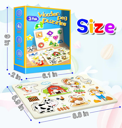 Wooden Peg Puzzles for Toddlers,Montessori Toddler Jigsaw for Child,Fine Motor Skill Learning Puzzle Toys for Baby Boys Girls Gifts-6 Pcs Shape,Farm,Sea Animal,Dinosaurs,Fruits,Animal