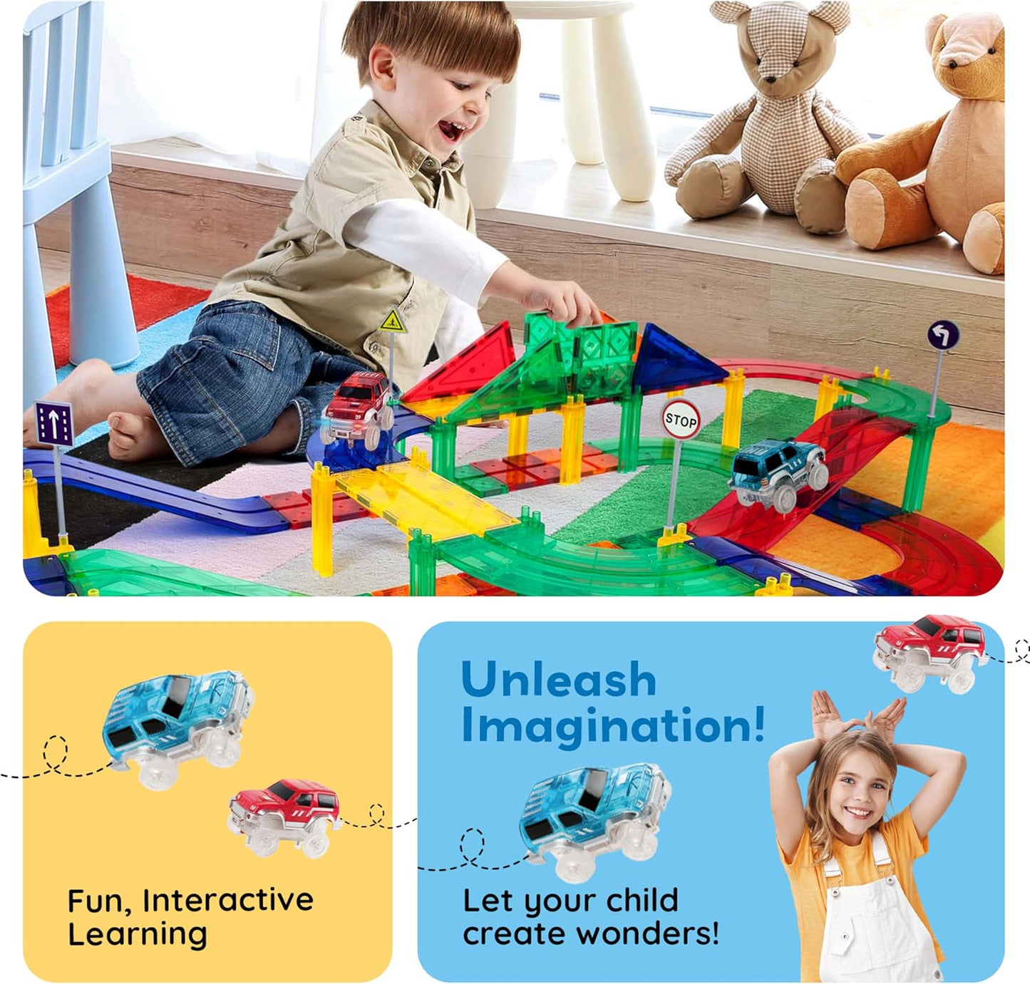 PicassoTiles 121pc Magnetic Tile Race Track Marble Run Magnet Tiles 3-in-1 Playset Car Racing Construction Set STEM Learning Early Education Building Toy Cars for School Toddlers Boys Girls Ages 3+