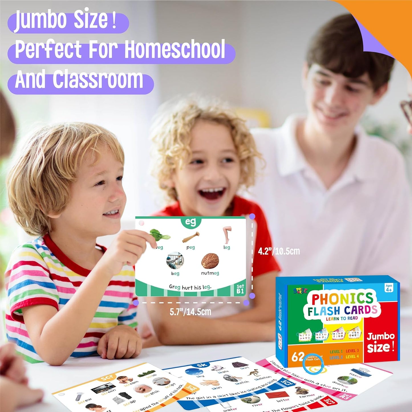 Phonics Flashcards, 120 Phonics 62 Double-Sided Cards - 20 Phonic Group Sets CVC, Digraph, Trigraph Blends Long Vowel Sounds, Early Educational Tool for Kids Ages 4-8 Years Old (4 Plastic Rings)