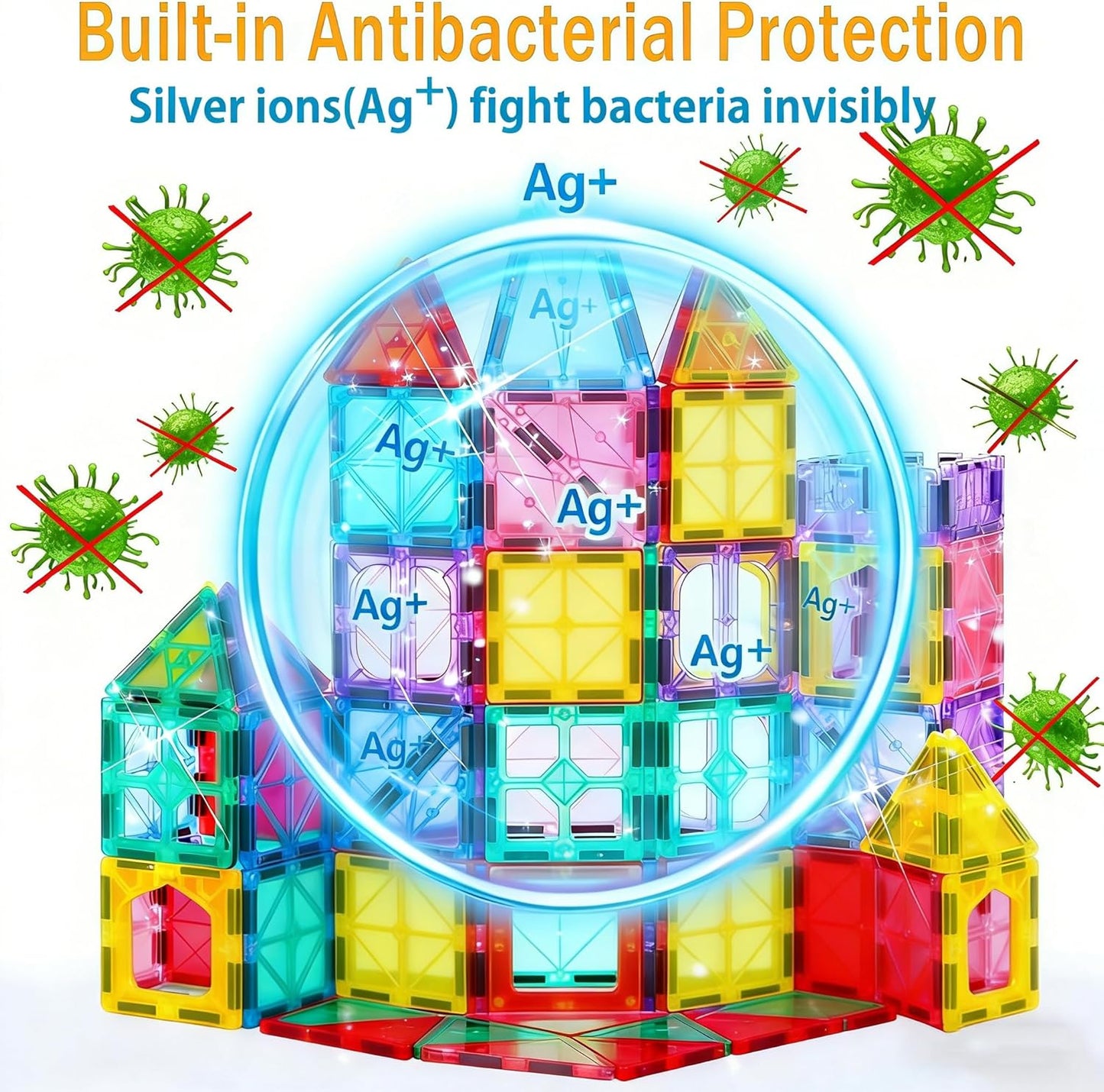 Upgraded Antibacterial Magnetic Tiles - 106 PCS Magnet Building Tiles with 2 Cars for Kids, Inhibits Bacterial Growth for Safe Play, 3D STEM Educational Construction Blocks & Xmas Gift