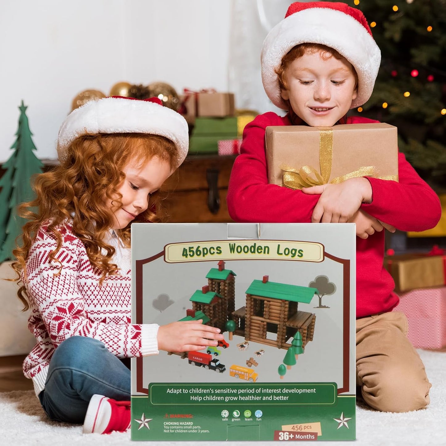 Wondertoys 208 Pcs Wooden Log Set - Classic Building Logs Ages 3+ - Best Retro Building Gift Set for Boys - Creative Construction Engineering Educational Gifts
