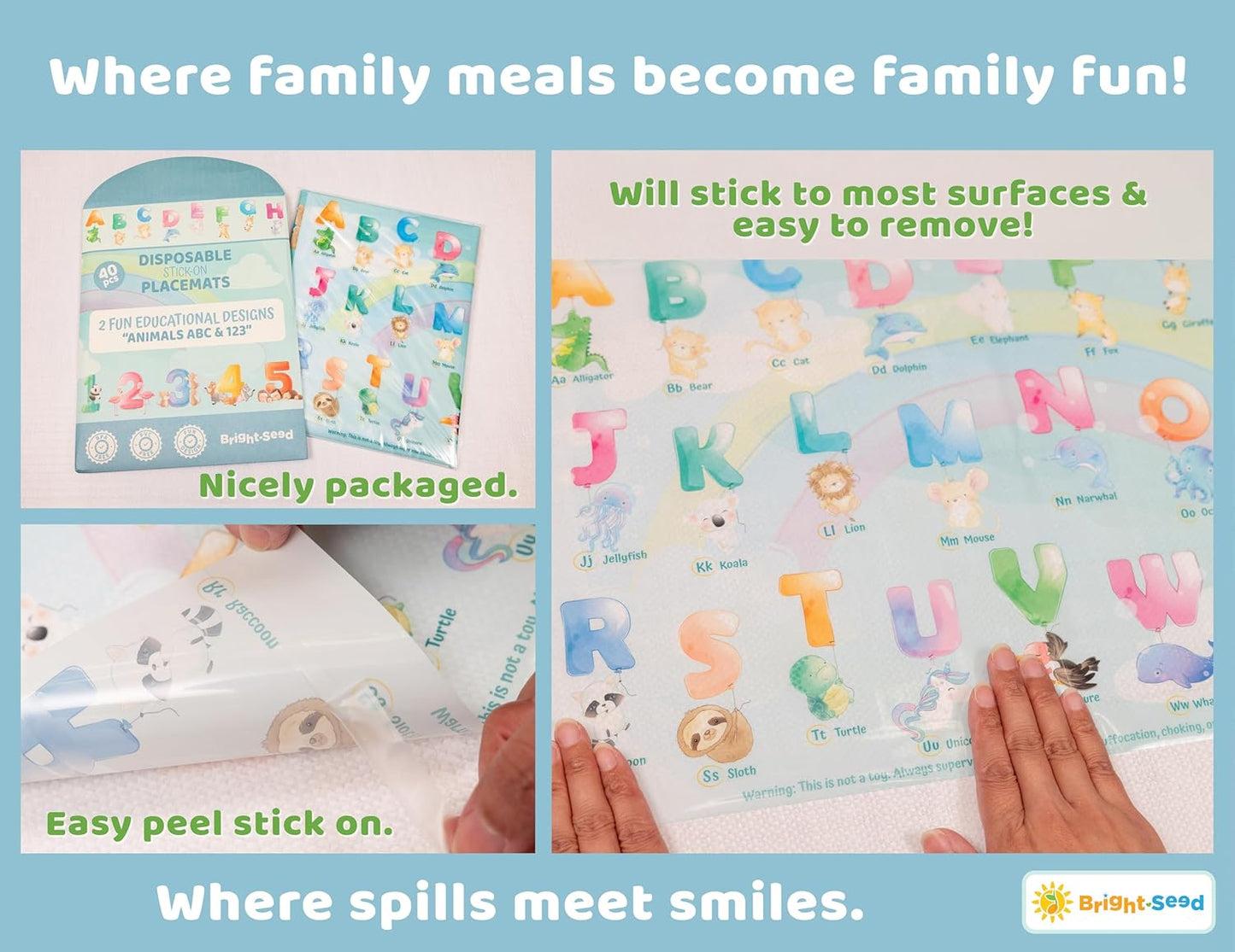 Bright Seed Disposable Placemats for Baby, Toddlers and Kids, Animals ABC & Numbers, 40 Disposable Baby mats for Restaurant, Dining Table & Travel, Learning Placemats for Kids, Toddler Travel