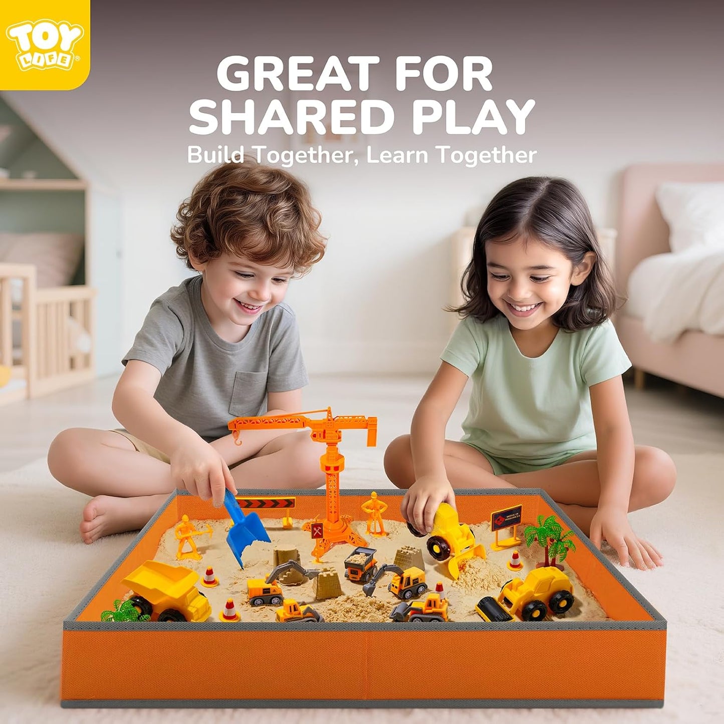 TOY Life 38 Pcs Sand Construction Kit with Big Foldable Sandbox with 2.2Ibs Magic Sand, Trucks, Castle Molds & Beach-Side Mat – Indoor Sandbox Toy Construction Sensory Bins for Toddlers