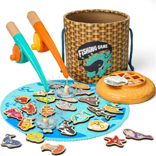 TOP BRIGHT Montessori Toddler Fishing Game - Kids Wooden Magnetic Fishing Toys Gifts for 3 Years Old Girls Boys, Fine Motor Skills for Toddler