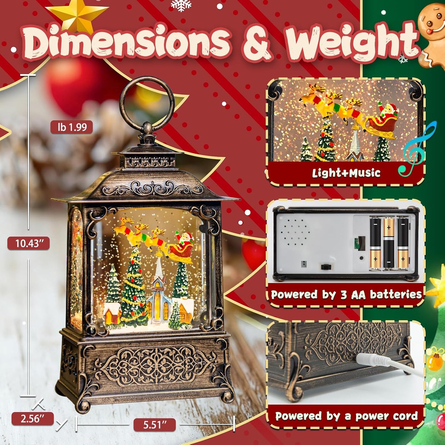 Christmas Snow Globes Lantern, Church and Christmas Tree Christmas Decorations Indoor, 6H Timer Battery & USB Powered Light Up Musical Snow Globes for Kids Women Adults Gift Thanksgiving Home Decor