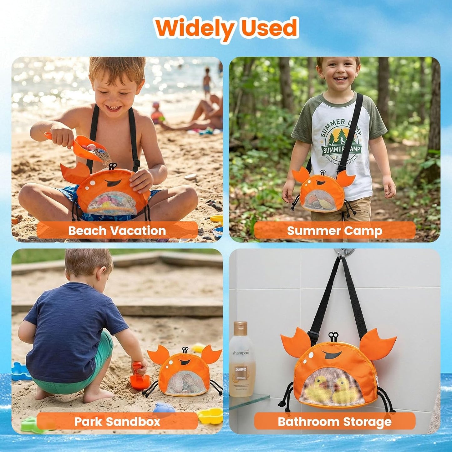 AMOR PRESENT Mesh Baby Beach Bag, Shell Collecting Bag with Shovel Crab-Shaped Adjustable Strap for Holding Shell Sea Pool Sand Toy, Blue