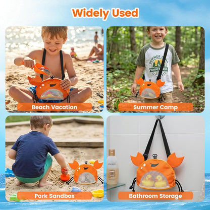 AMOR PRESENT Mesh Baby Beach Bag, Shell Collecting Bag with Shovel Crab-Shaped Adjustable Strap for Holding Shell Sea Pool Sand Toy, Blue