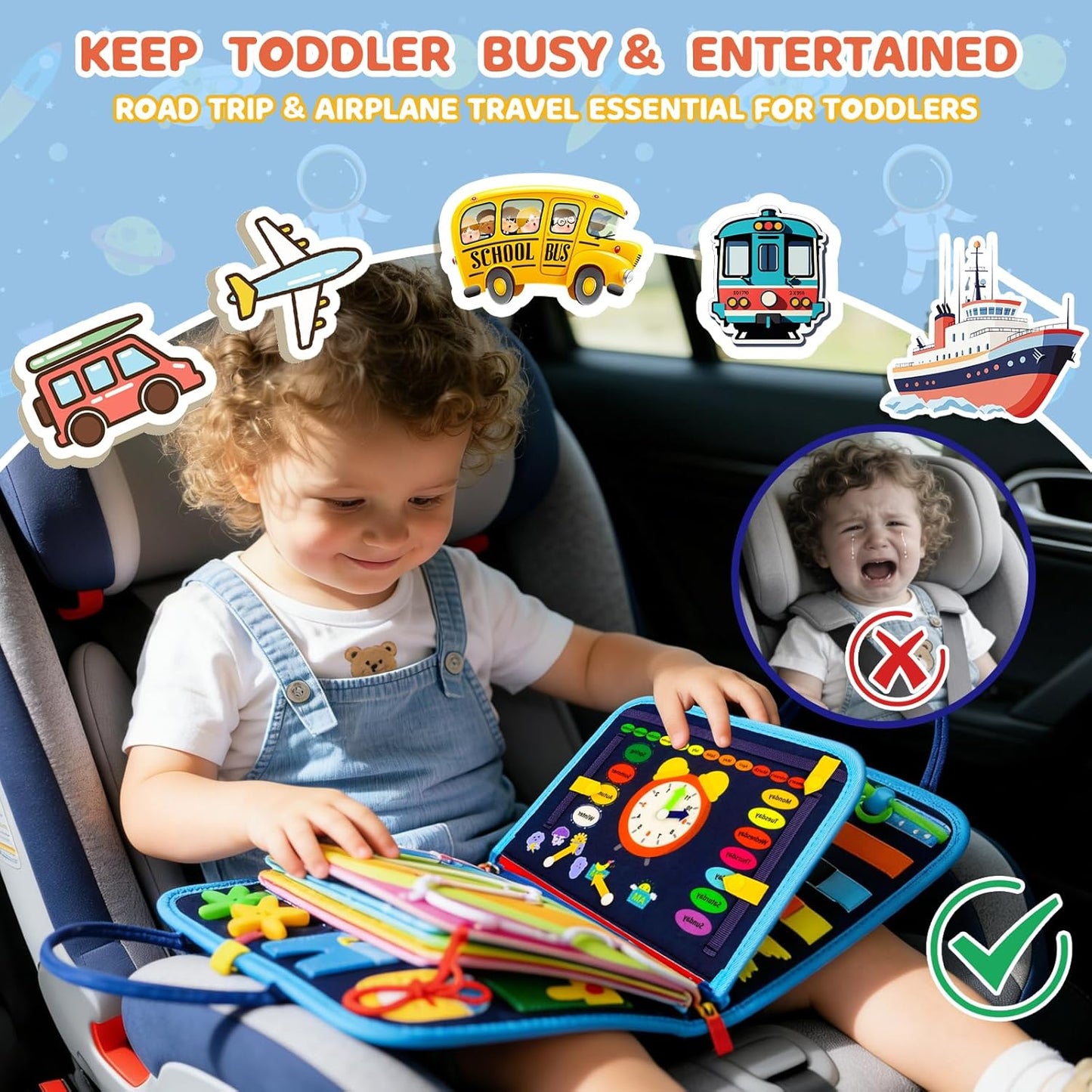 Toddler Busy Board Montessori Toys for Toddler 1-3 Year Old, Girl Birthday Gift, Preschool Educational Montessori Busy Book Board, Felt Sensory Activity Board Sorting Toy Age 2-4 with Fine Motor Skill